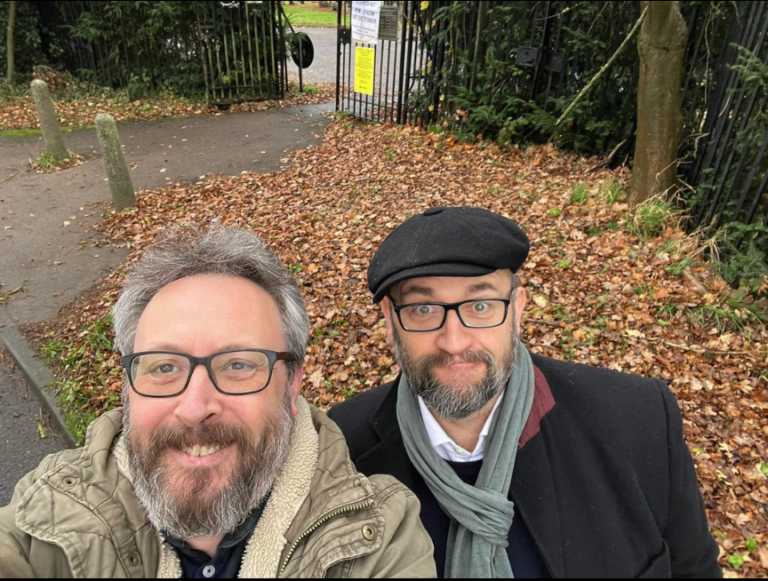 Nick Booth and I at the gates of Brandwood End cemetery, Birmingham.